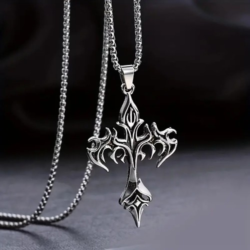 Men's Gothic Cross Pendant Necklace Punk Biker Jewelry Stainless Steel Chain - Picture 1 of 6