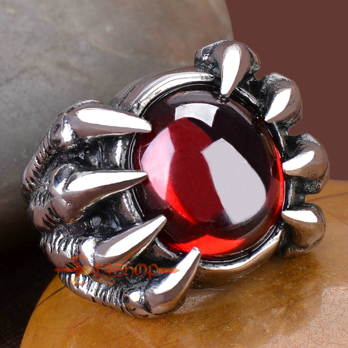Men's Stainless Steel Dragon Claw Red Cubic Zirconia Stone Ring