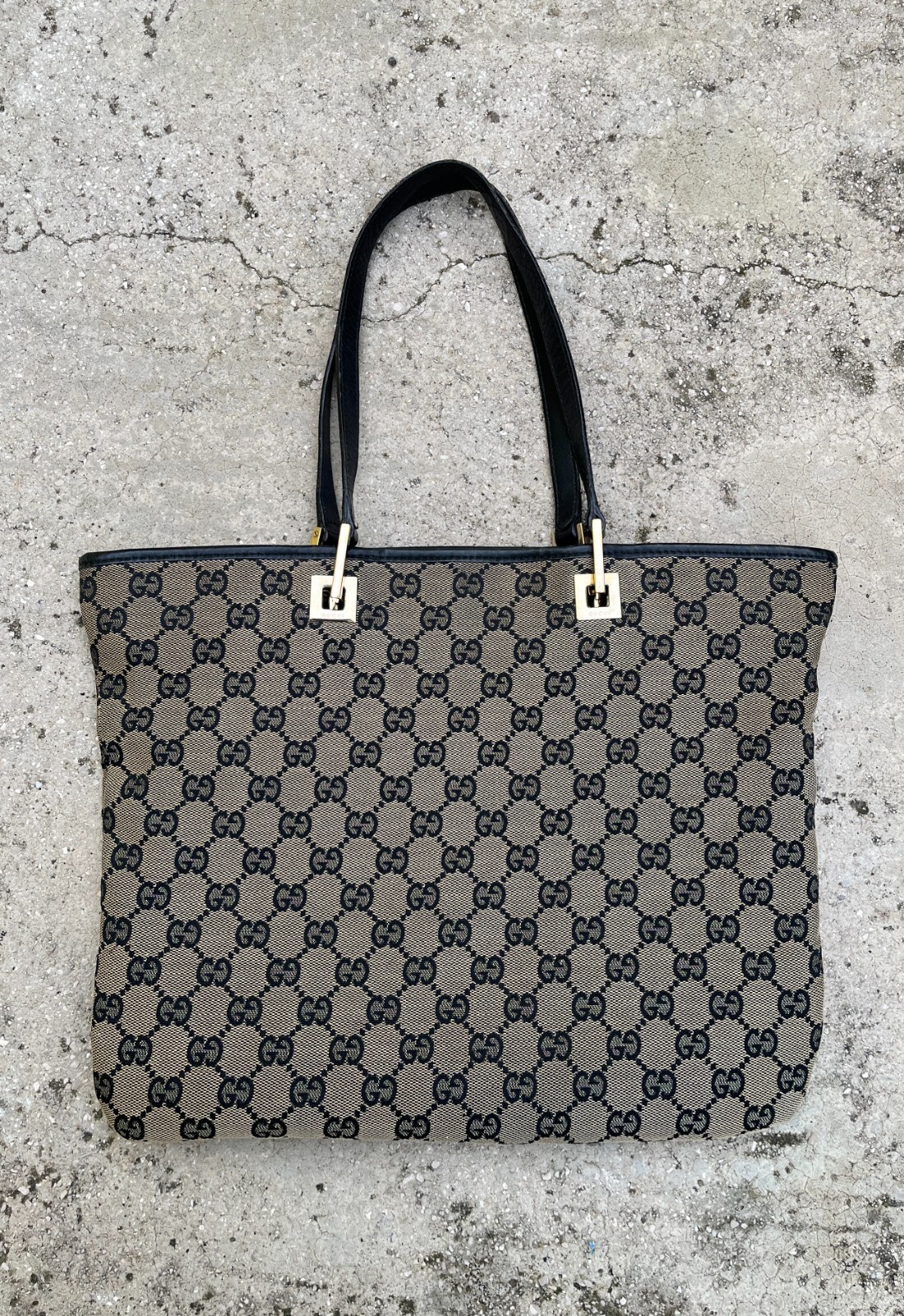 Authentic GUCCI GG Supreme Monogram Canvas Leather Tote Bag Hand Bag Gray Black