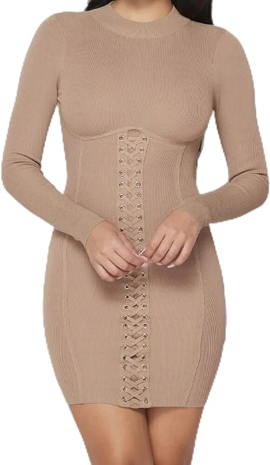 Lo último Miami Styles Acanalado LS Corsé Vestido Con Cordones Para Mujer S Mocha Baddie Indie Foto 2 de 4