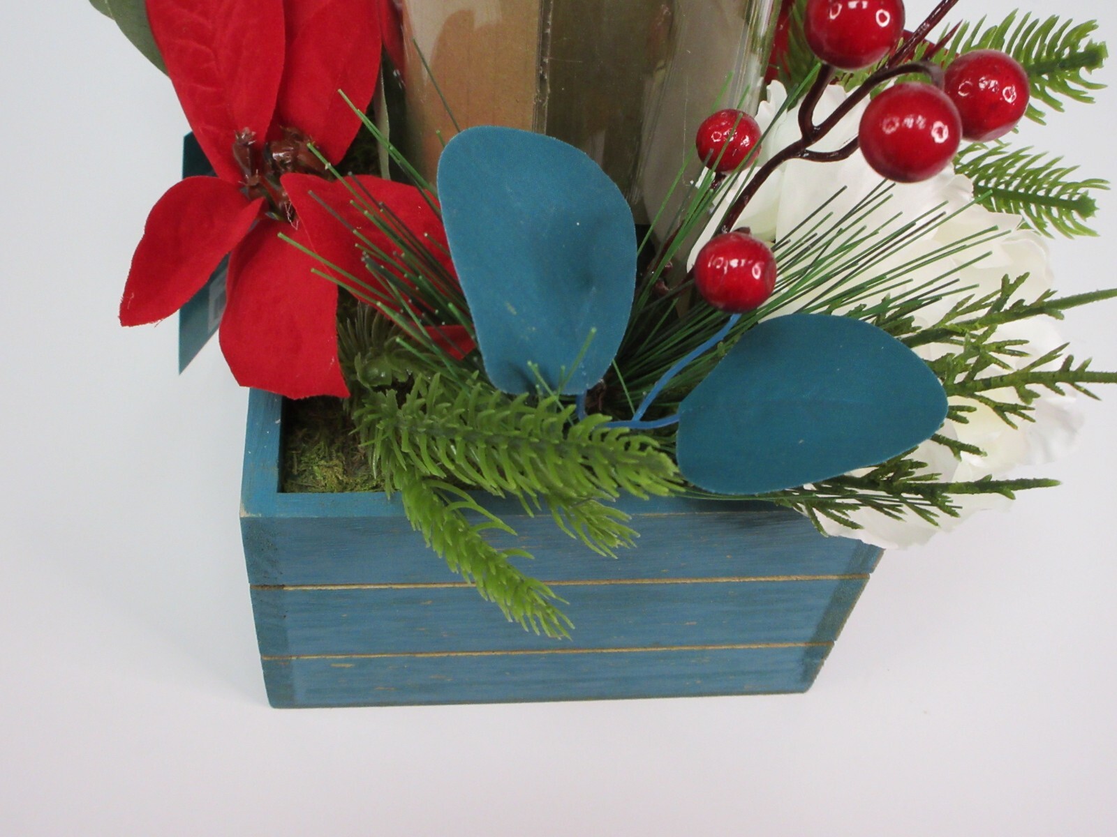 Pioneer Woman Christmas Hurricane Centerpiece Cheerful Rose Floral Wood Box Red