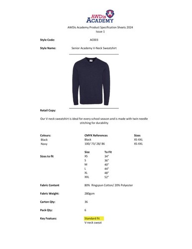 AWDis Academy sweatshirt AC003 - Adult/Teen unisex V-neck Smart Uniform Jumper - Picture 2 of 14