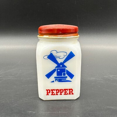 Vintage Pepper Shaker Windmill Blue Red Milk Glass Retro Replacement 1940s