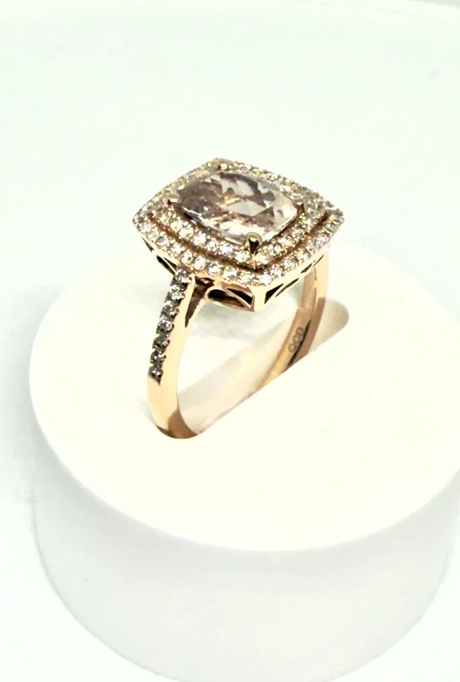 Anillo de oro rosa de 14 quilates - solitario de morganita talla barril - diamantes de 0,37 quilates Foto 3 de 4