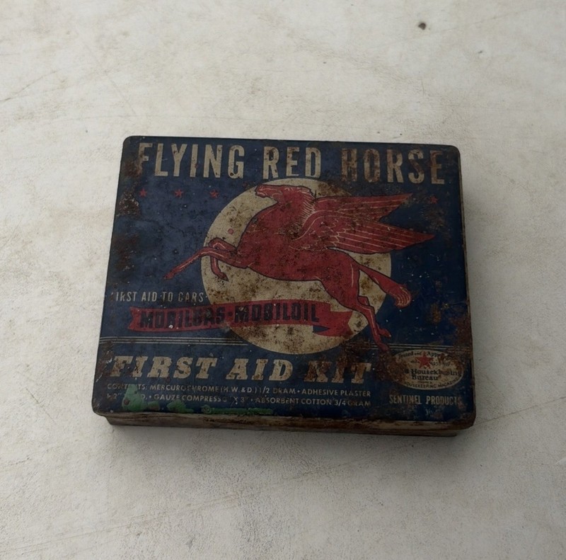 Mobil Oil Flying Pegasus First Aid Kit Flying Red Horse Patina Tin Garage USA