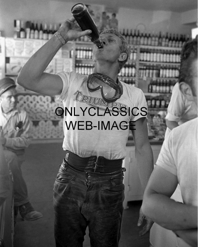 COOL GUY ACTOR STEVE MCQUEEN CHUGS SODA TRIUMPH MOTORCYCLE RACING 16X20 PHOTO