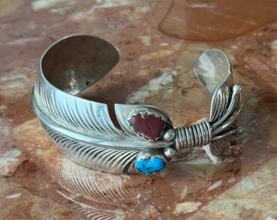 Native American Navajo Robert Vandover Sterling Silver Feather Cuff Bracelet