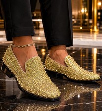 AM Stud Shoe Gold glitter spike Men Smoking Slipper loafer Prom red carpet look