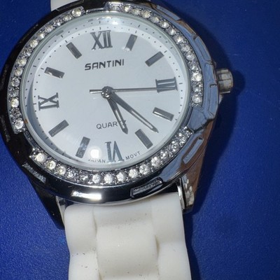 SANTINI watch silver-tone case  with rhinestones, and a white silicone strap.