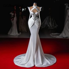 Fashionable Halter Prom Dress for Women Rhinestones Ruched Chapel Train Evening
