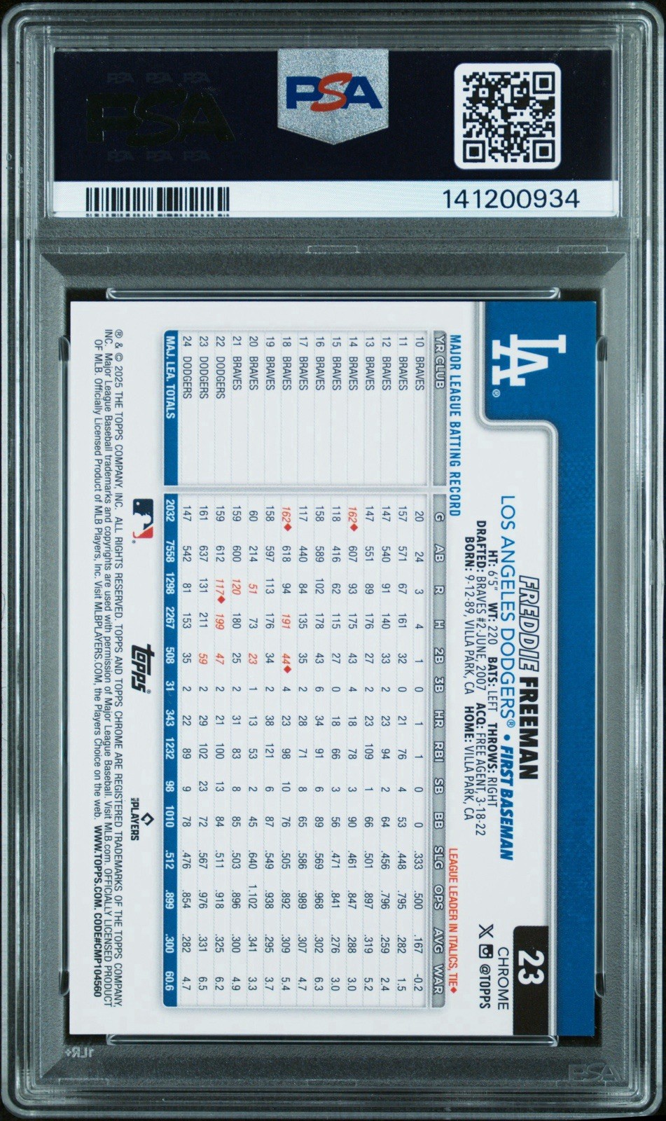 Freddie Freeman 2025 Topps Chrome #23 Gold Speckle Image Variation /50 PSA 9 view 2