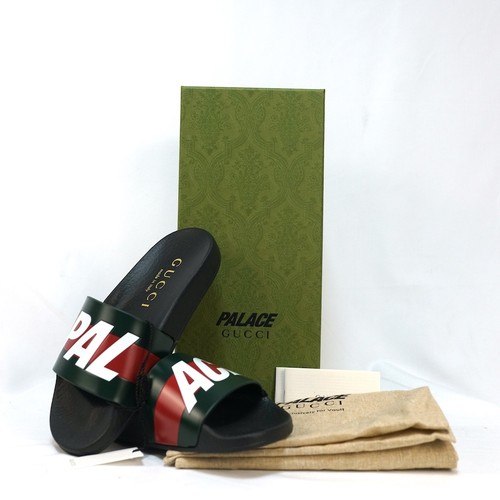 GUCCI x PALACE Logo Web Stripe Slide Sandals Black Size 34 US 2 723352