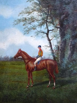 PEINTURE XIXe- ÉCOLE ANGLAISE-CHEVAL DE COURSE & SON JOCKEY-SIGNÉ "H.A. JOHN"- - Photo 1/4