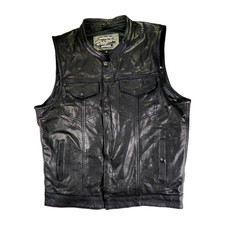 Men's Motorcycle Vest Large Black Leather Made in USA Papa's Apparel Lined EUC