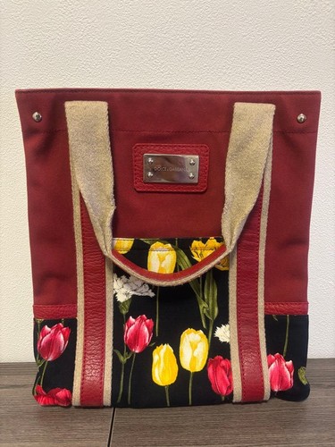 Dolce&Gabbana Handbag Canvas Tulip Pattern Red Metal Plate Used