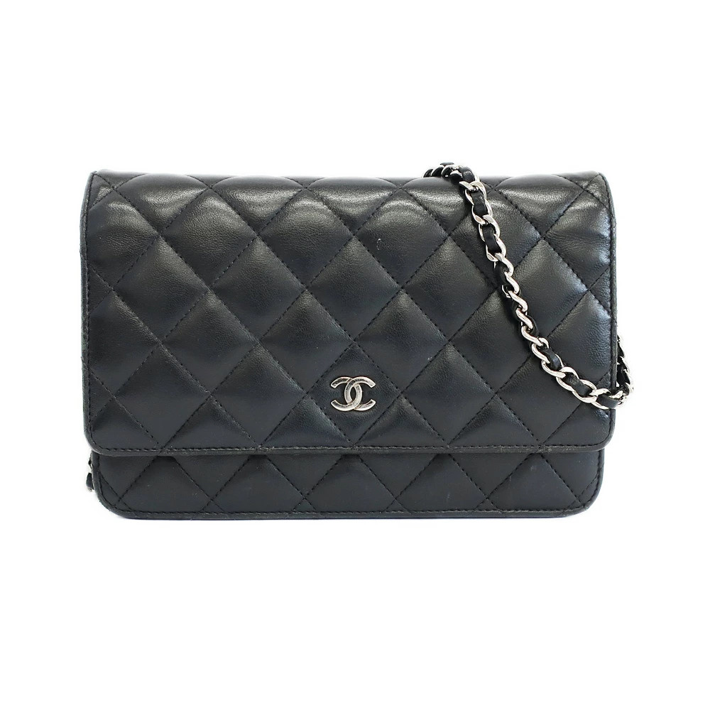 Chanel 8 Chain Wallet Shoulder Bag Black Lambskin Matelasse
