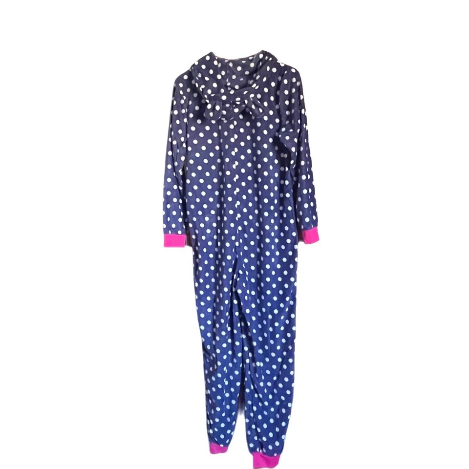 Acogedor pijama polar de una pieza con capucha a lunares azul marino para mujer - listo para el salón S/M Foto 4 de 4