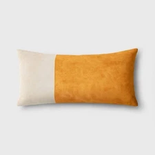 Oversized Colorblock Pieced Suede Lumbar Throw Pillow Gold/Neutral - Threshold