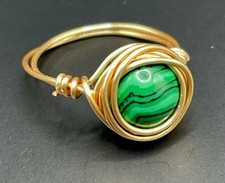 Wire Wrapped Green Agate Ring. Size 8. Gold Wire.