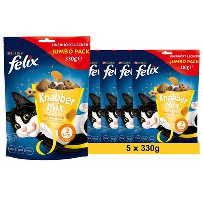 FELIX Knabber Mix Dreikäsehoch Knuspriger Katzensnack, 5 x 330g (5x330g)