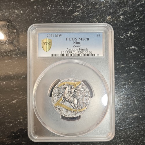 2021 2 Oz Silver Niue ZORRO Antique Finish PCGS MS70 Rare ,only 1 in PCGS Ms70