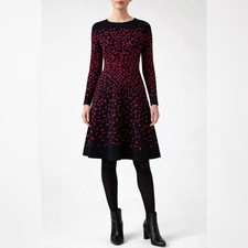 Hobbs London Jodie Dress Red Black Print Fit Flare Knit Long Sleeve Size 6