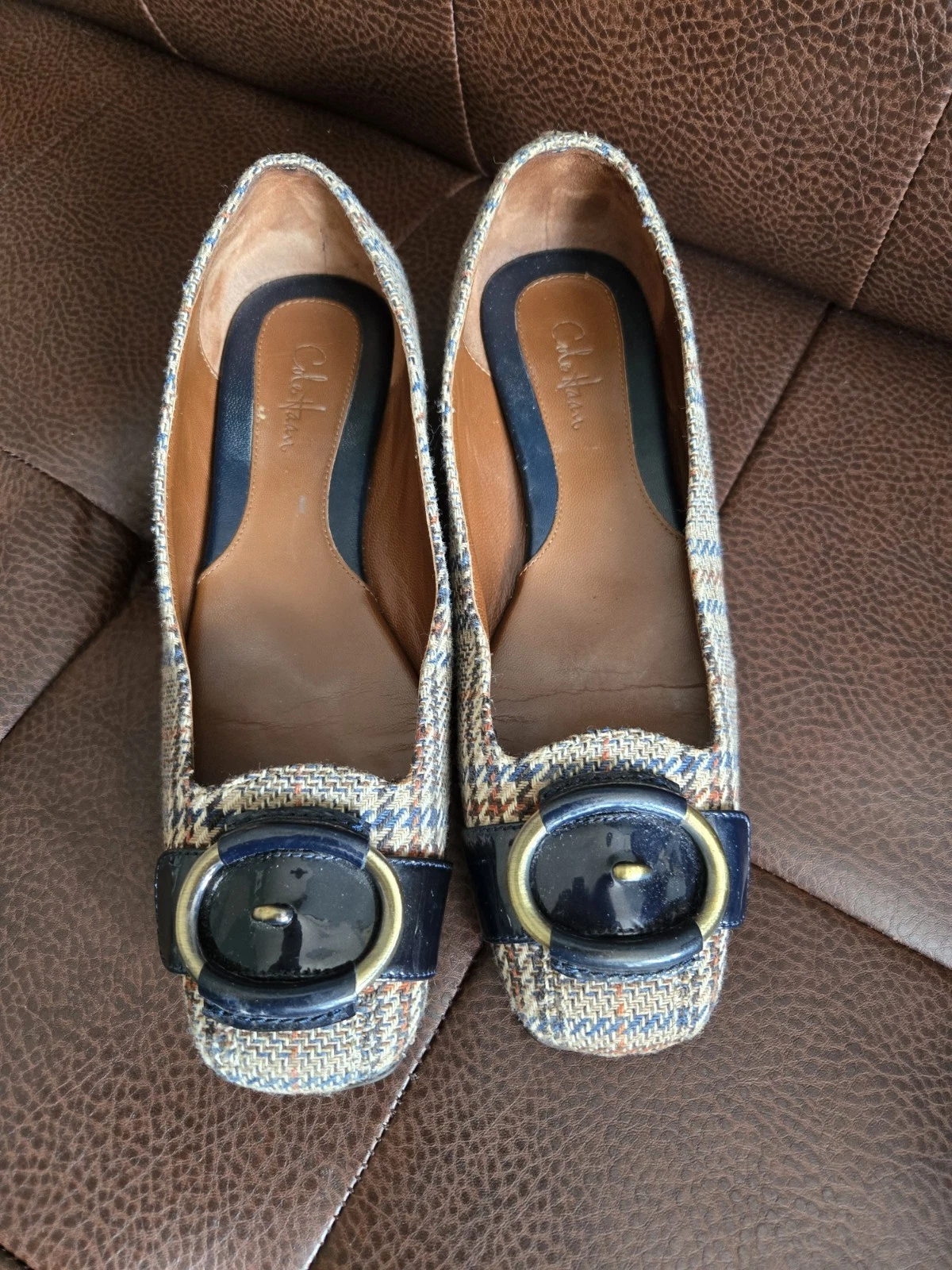 NIKE Ballerine Cole Haan Genie in tweed con fibbia a quadri da donna 6 5 B slip on boho