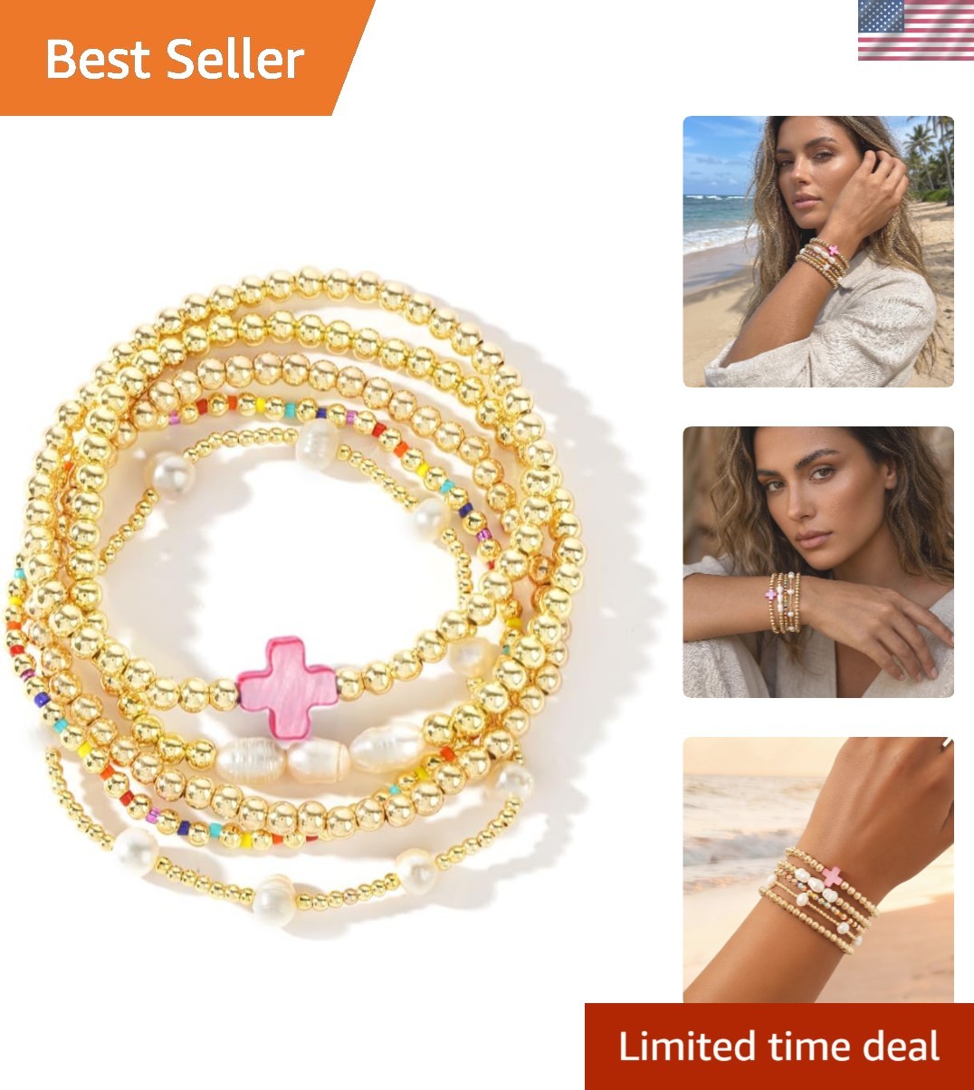 Vibrant Boho Colorful Stretch Bracelets Stack with Pearl Cross Charm - 7 Inch