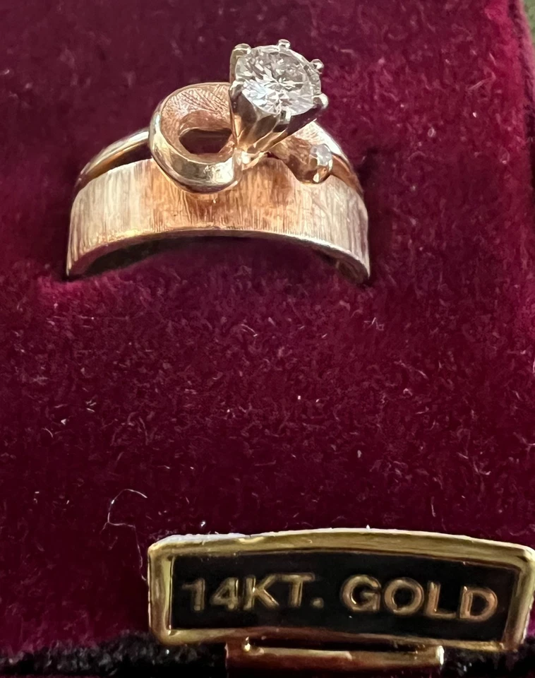 Vintage 1970s 14K Gold Diamond Wedding Set – Engagement & Band – Bands Connected - Image 2 of 4