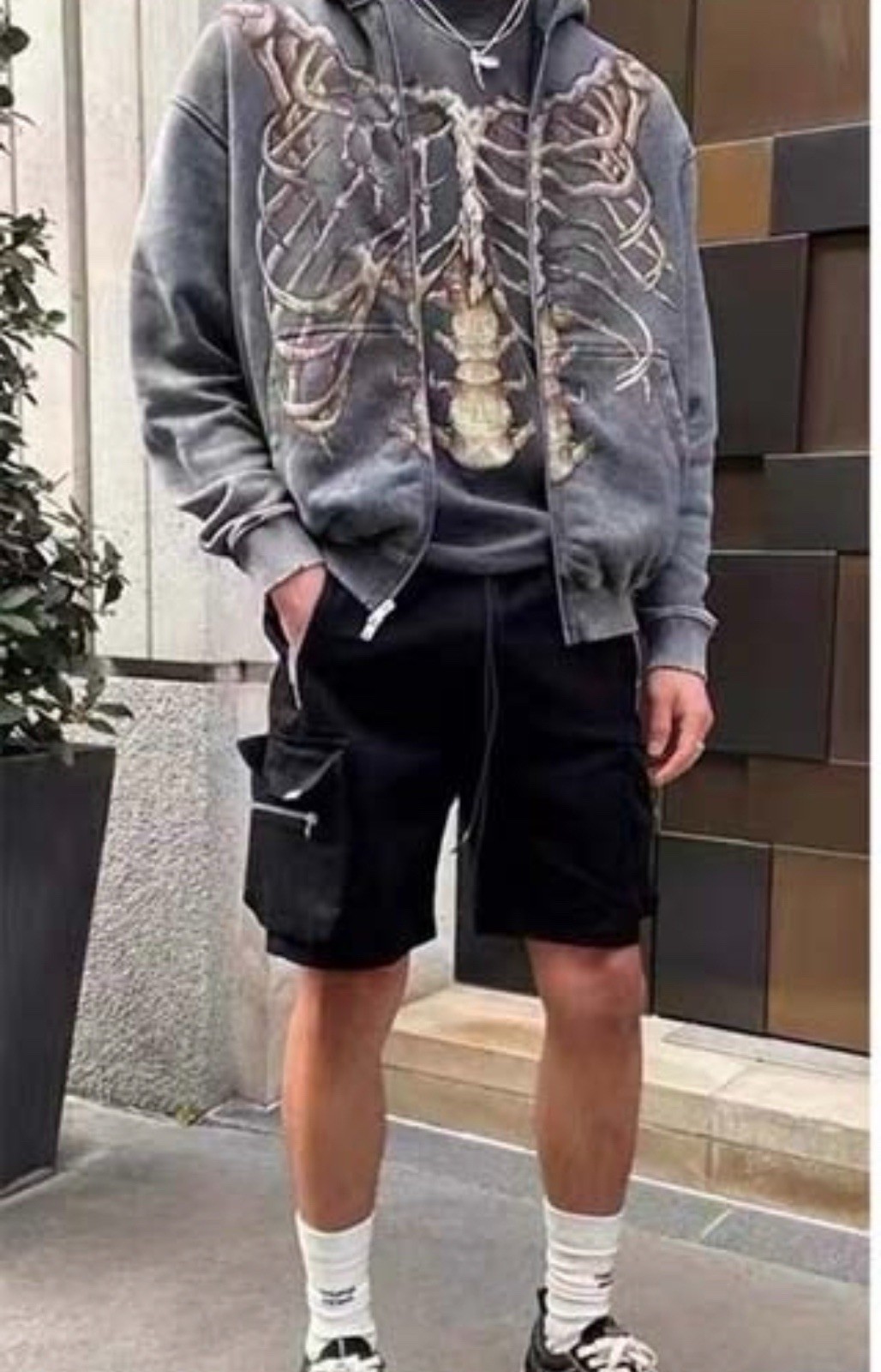 L SIZE MLAFE Gothic Hoodie Retro Bone Print Y2K Zip Up Jacket Grunge Streetwear