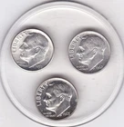 3  x  Roosevelt   Dimes  (90% Silver)  Sharp  (1953 S, 1962 P, & 1963 P)  Coins