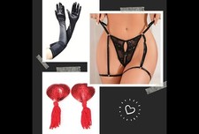 Ensemble Nina Sexy String Tanga en dentelle avec Gants en satin noir haute