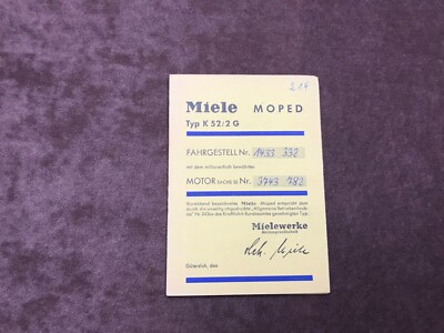 Original ABE Betriebserlaubnis  Type Miele K 52/2 G 1961 ohne Eintrag