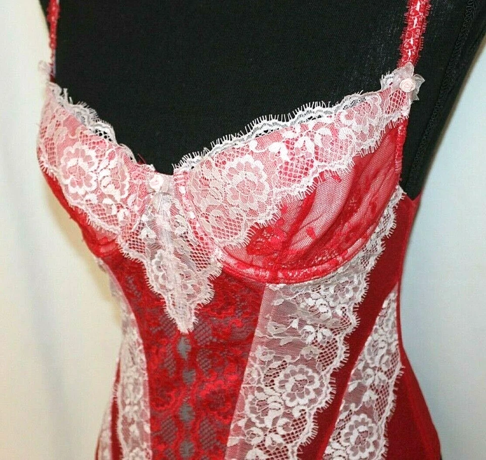 CORSET OVER BUST TANK 34B RED & WHITE LACE PADDED HOOK & EYE SPAGHETTI STRAP - Image 2 of 4