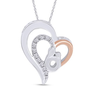 Authentic Mother & Child Heart Pendant 1/10 Ct Natural Diamond 14K Gold Plated Silver