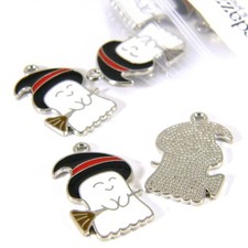 6 White Ghost Witch Enamel Halloween Jewelry Pendant Charms with Broom and Hat