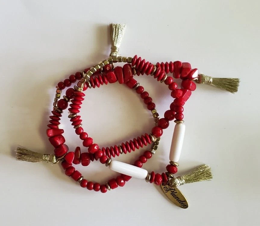 Plunder Red White Gold Plastic Bead Stretch Bracelet Set of 3