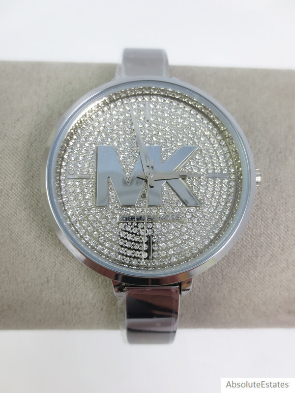 NEW Michael Kors Charley Pave Silver Stainless Crystal Logo Watch