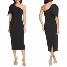 NEW DRESS THE POPULATION Black TIFFANY One Shoulder BOW Slit SHEATH Midi DRESS S