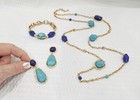 Chunky Blue & Faux Turquoise Gold Tone Station Necklace Earrings & Bracelet Set