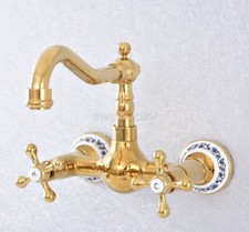 Polished Gold Wall Mount Swivel Spout Bathroom Sink Faucet Dual Handle Mixer Tap