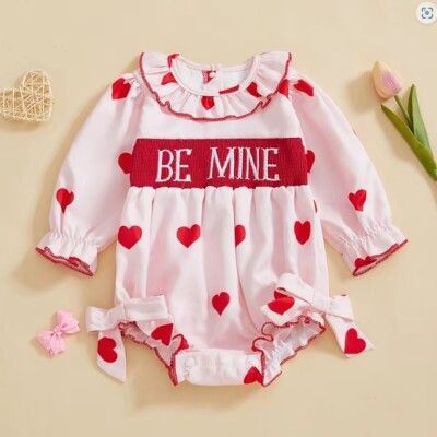 NEW Valentine's Day Smocked 'Be Mine' Heart Print Baby Girls Bubble Romper