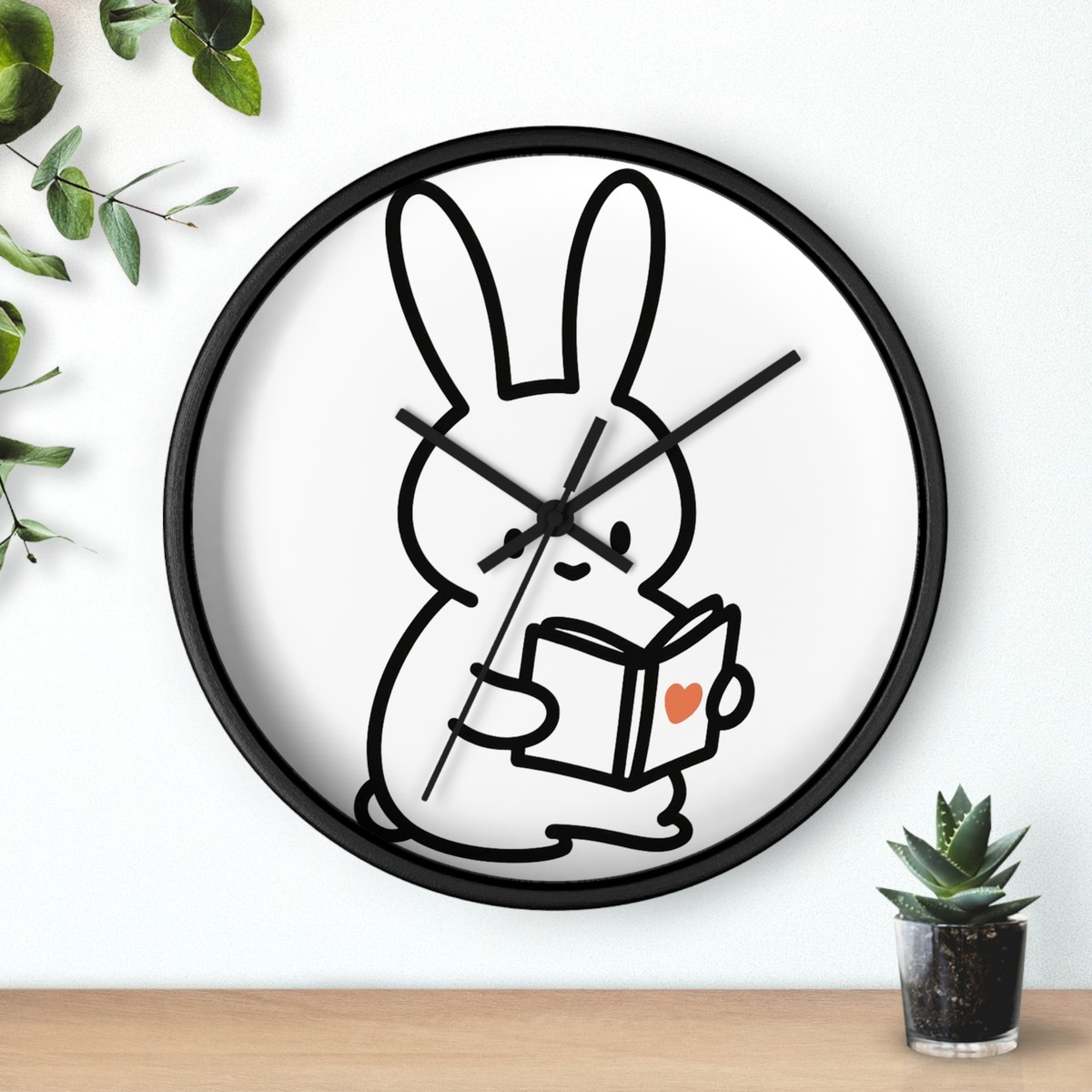 NEW Home Decor Wall Clock Simple Cute Bunny Rabbit Reading Book | eBay