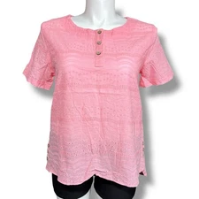 Boutique Womens Blouse Top Short Sleeve Eyelet Button Accent Cotton Pink XL