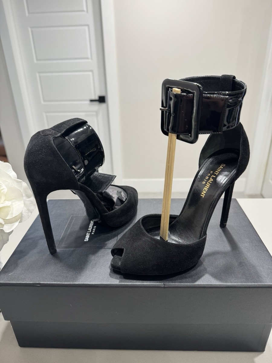 Saint Laurent Paris Peep Toe Suede Patent Leather Ankle Saint Laurent Paris Peep Toe Suede Patent Leather Ankle