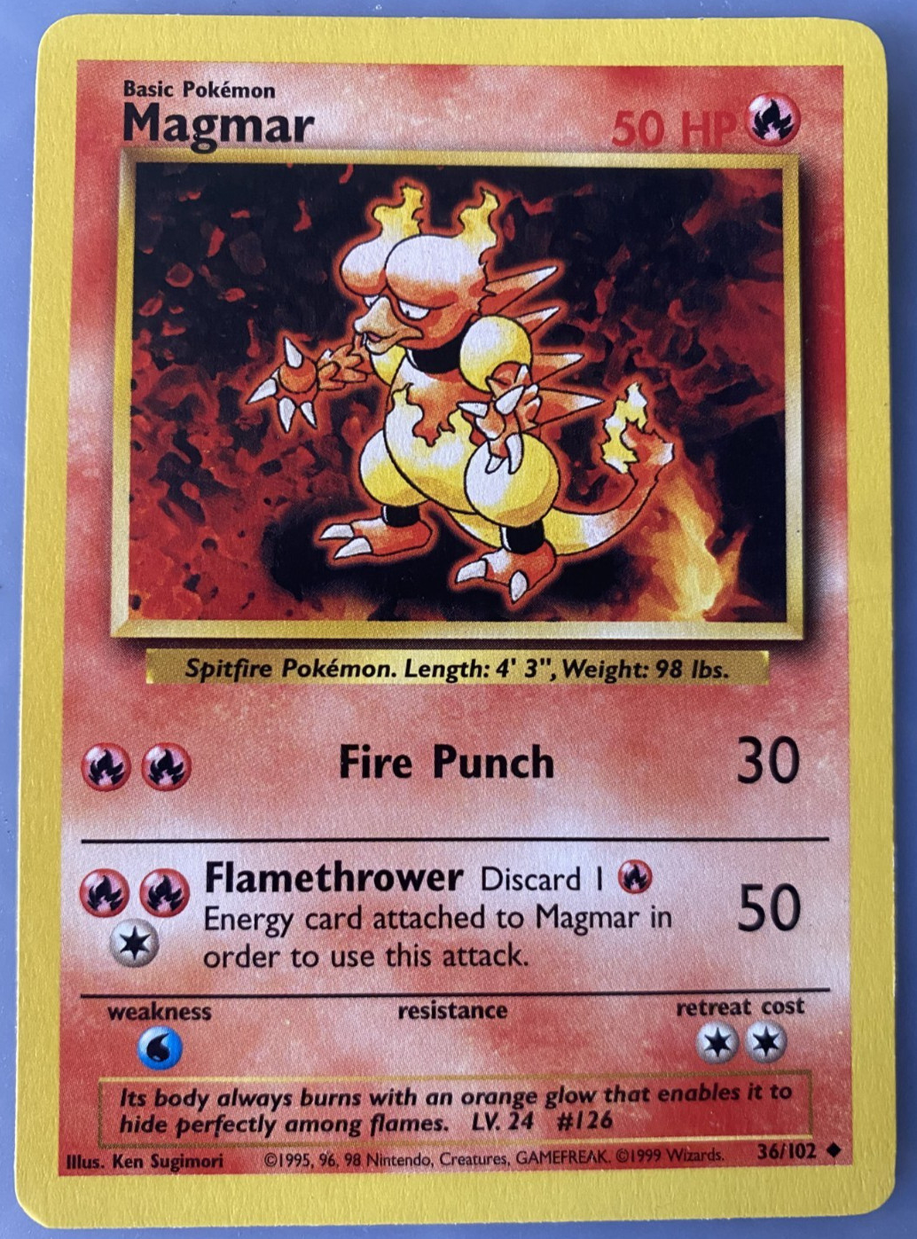Magmar 36/102 Uncommon Base Unlimited Pokemon TCG 1999 WotC LP Free Ship US