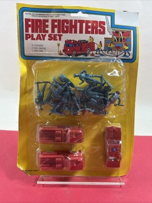 Vintage Carded Sealed Fire Fighter Playset Plastic Toy Firemen/Fire Engine/Car