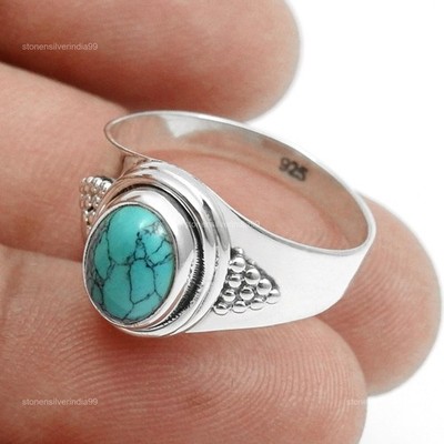 Oval Turquoise Gemstone Artisan Band Bezel Daughter Wedding Ring 925 Silver US 8