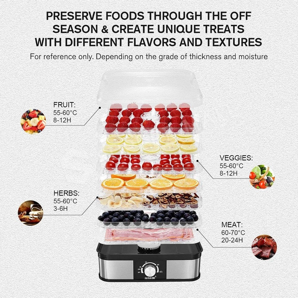 7 Trays Portable Food Dehydrator Beef Jerky Maker Fruit Meat Dryer Stainless BK - image 2 of 4