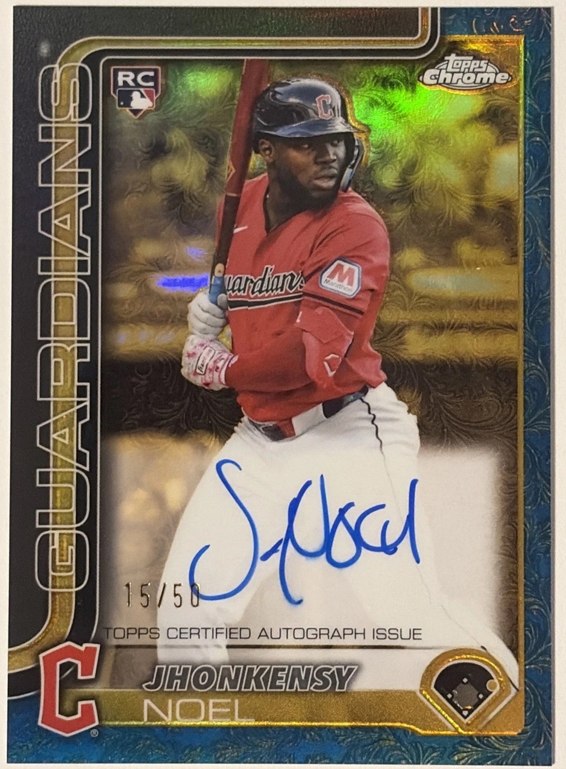 2025 Topps Chrome Gilded-Chrome Gold Auto Jhonkensy Noel Blue Refractor /50